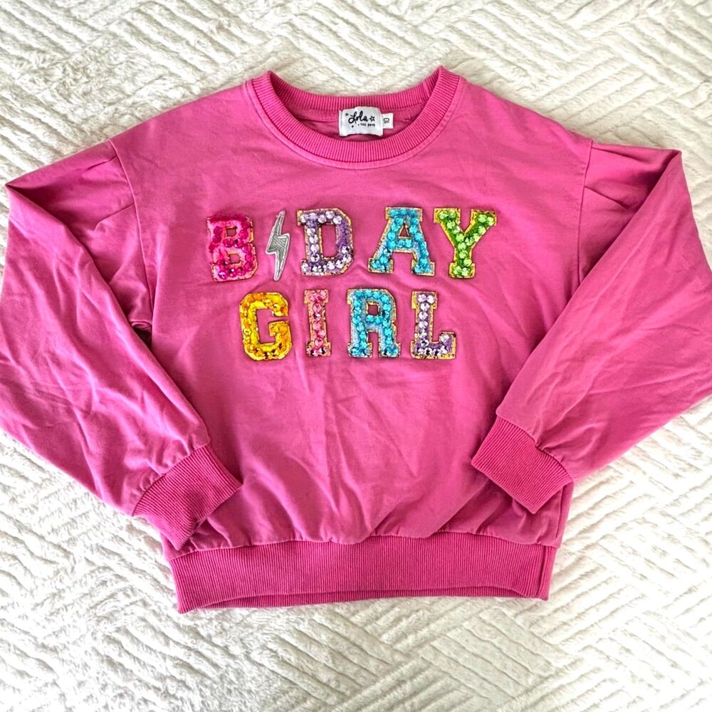 Lola + The Boys Girls Size 10 Pink B-Day Girl Sequin Sweatshirt Top Pullover